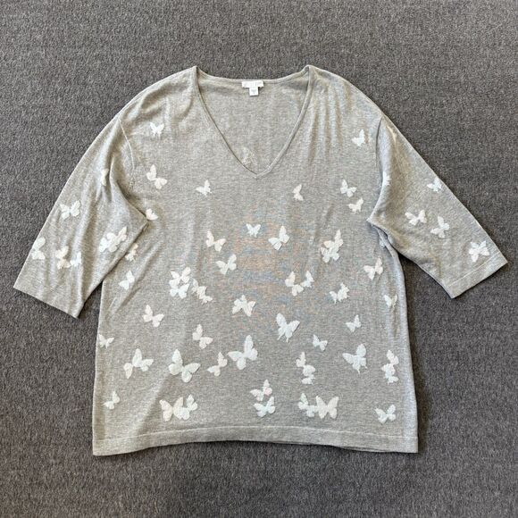 J Jill Cotton Sweater Womens M Grey Butterfly Pullover V-neck Spring Top - Picture 1 of 7